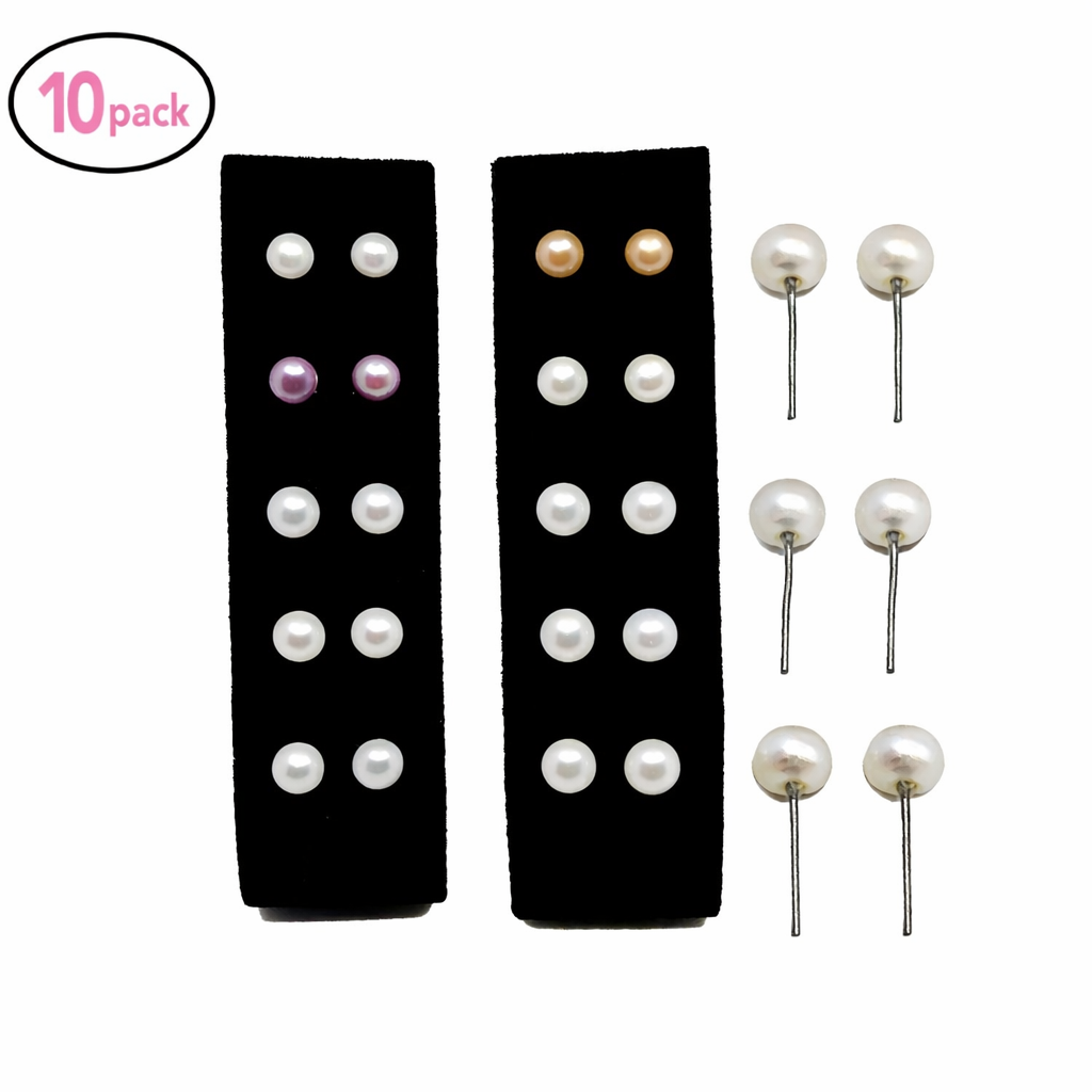 Earrings - 6-7mm Button Pearls 10 Pack Natural Colors Rhodium Coated