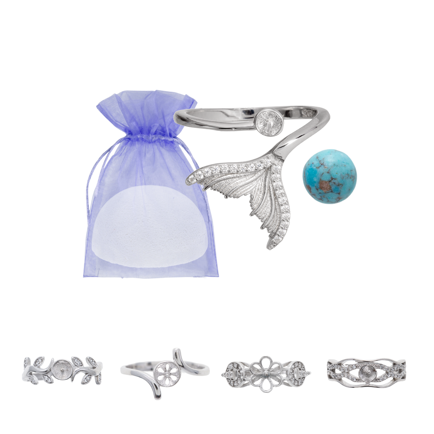 Pearl Bomb con montura de anillo ajustable en plata de ley