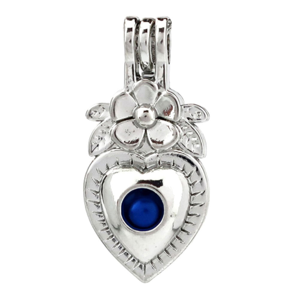 Cage Pendant Silver Plated - Heart Flower with Leaves