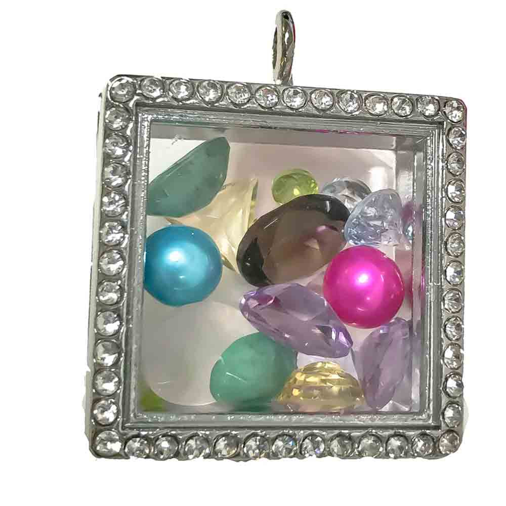 Glass Locket Pendant Magnetic - Square Glass Rhinestones