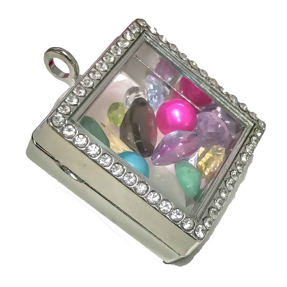 Glass Locket Pendant Magnetic - Square Glass Rhinestones
