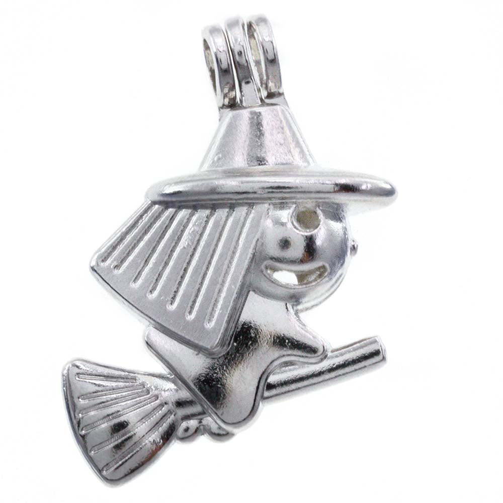 Cage Pendant Silver Plated - Witch On Broom 1 1/2" x 1 1/4”