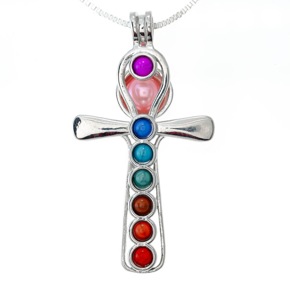 Cage Pendant Silver Plated - Cross with Embedded Beads