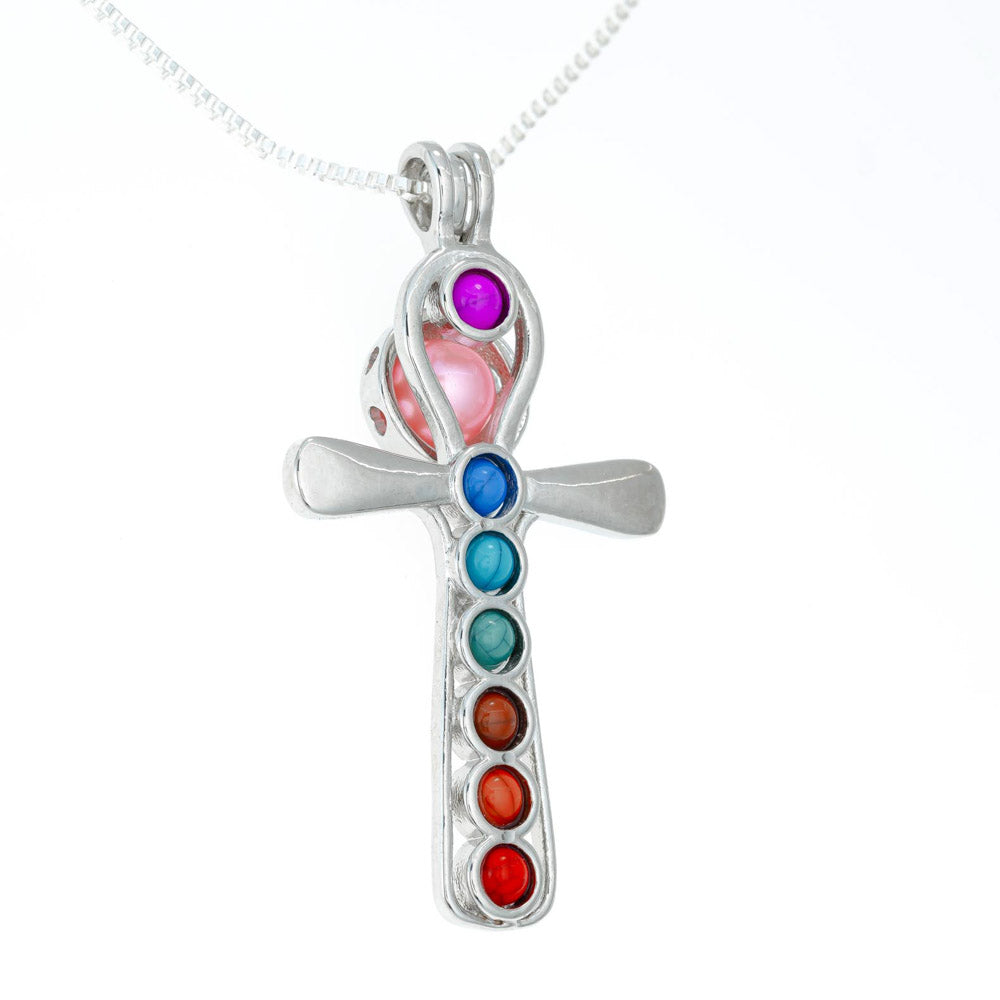 Cage Pendant Silver Plated - Cross with Embedded Beads