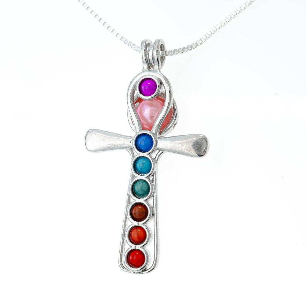 Cage Pendant Silver Plated - Cross with Embedded Beads