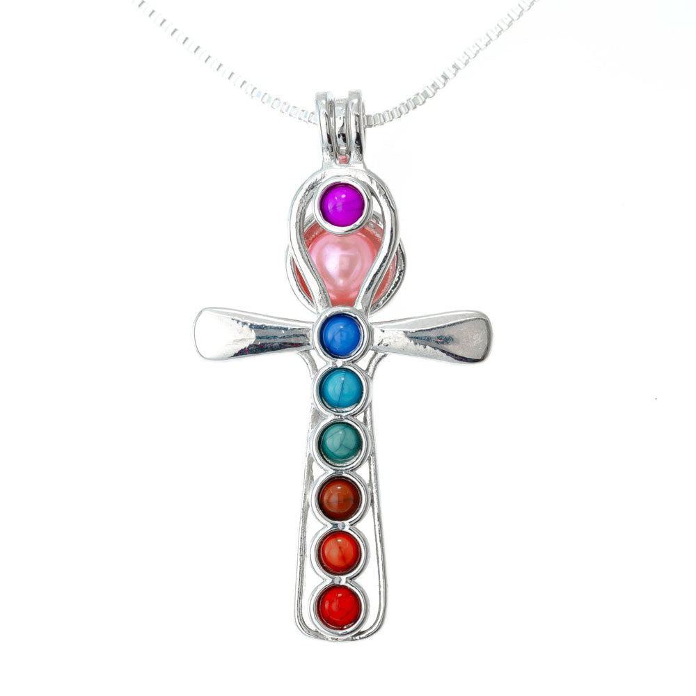 Cage Pendant Silver Plated - Cross with Embedded Beads