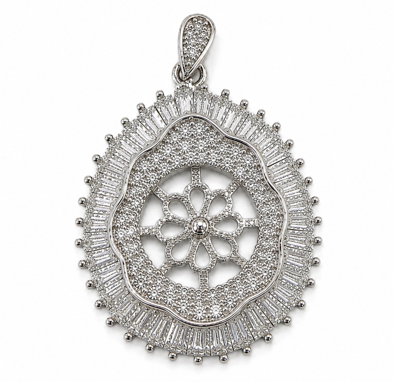 DIY Mount Pendant - 925 Sterling Silver Luxurious Baguette Halo Radiance Statement Piece