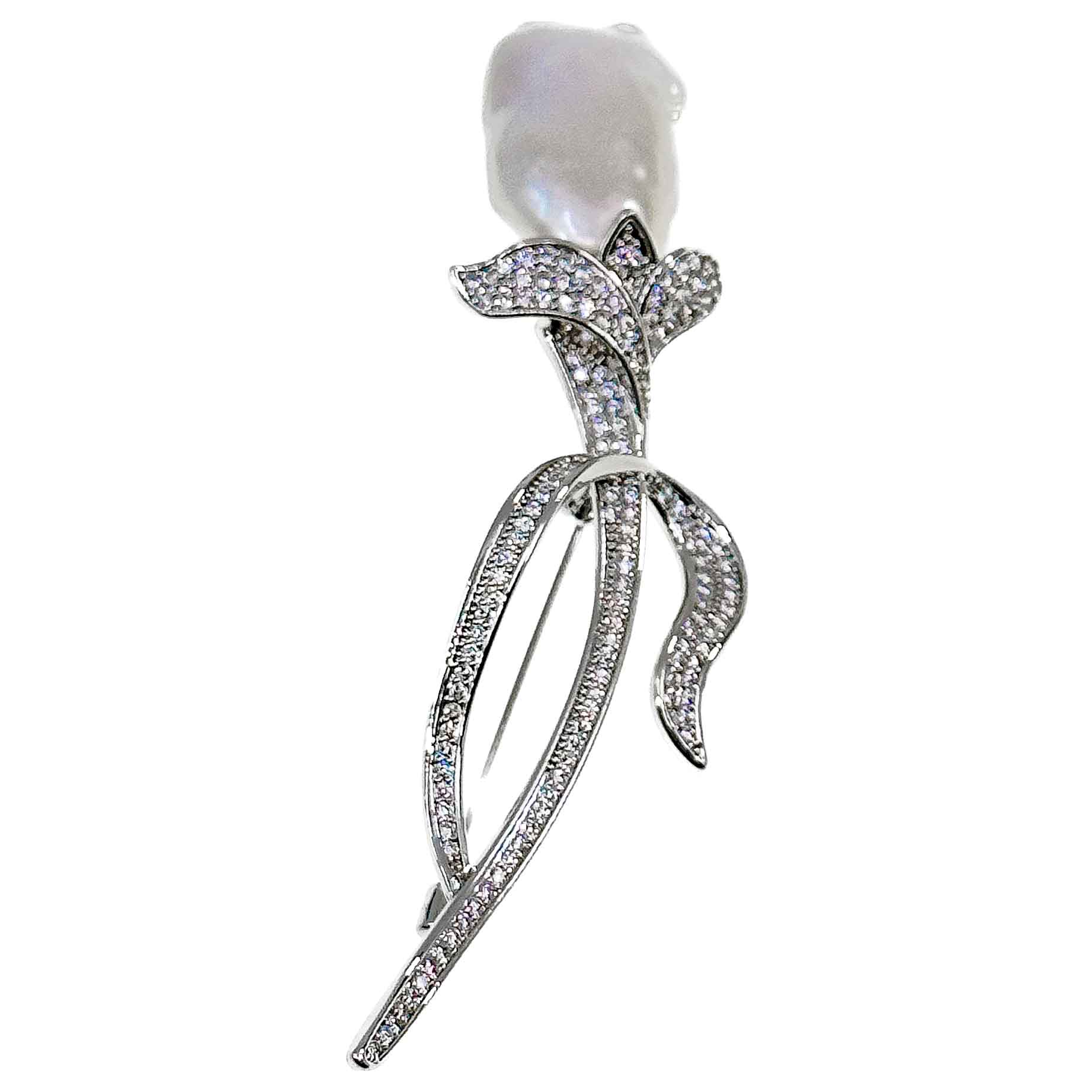 Broche de montaje Plateado Flor de rosa blanca Diamante de imitación