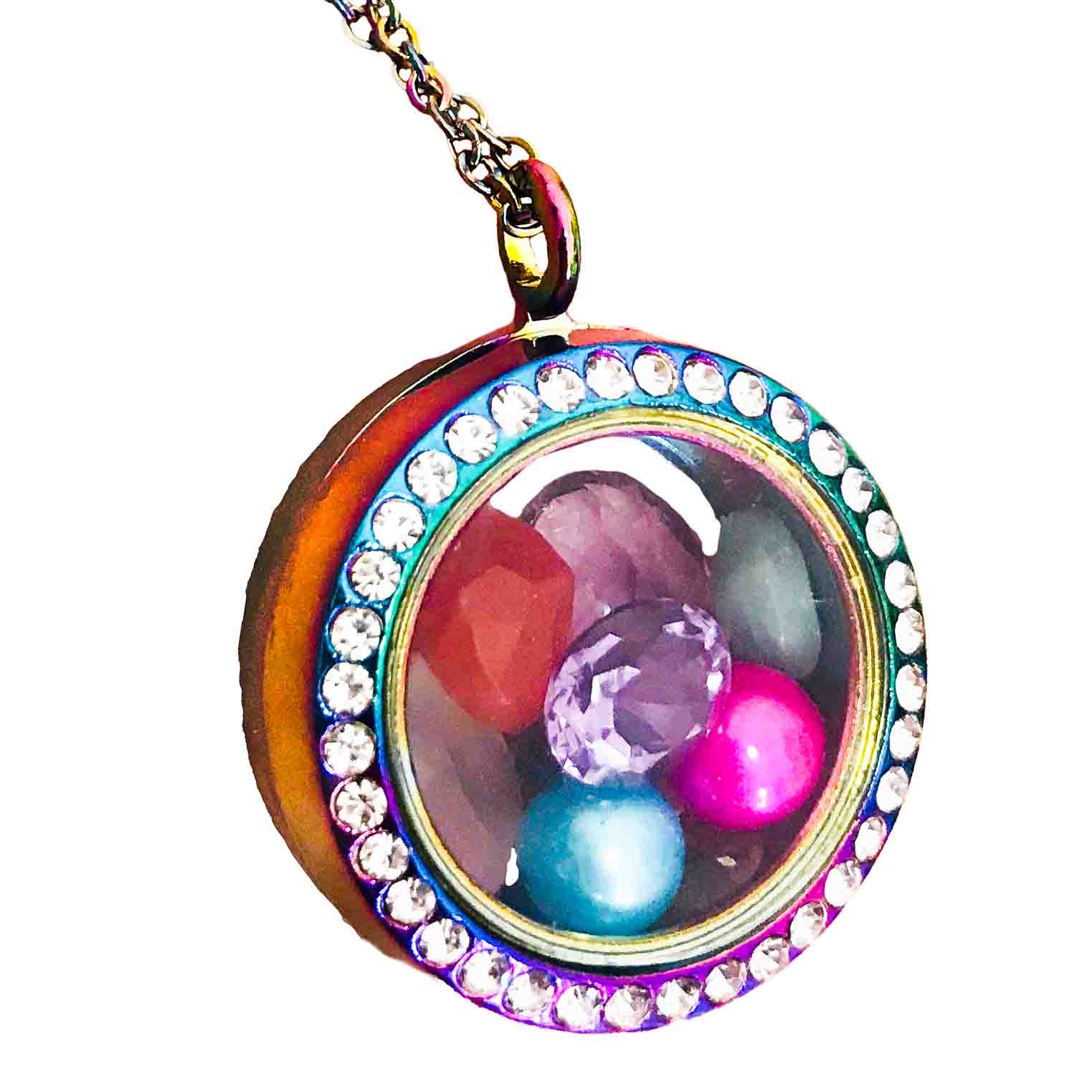 Relicario magnético de cristal chapado en arcoíris con cadena de 18"Relicario magnético de cristal con diamantes de imitación