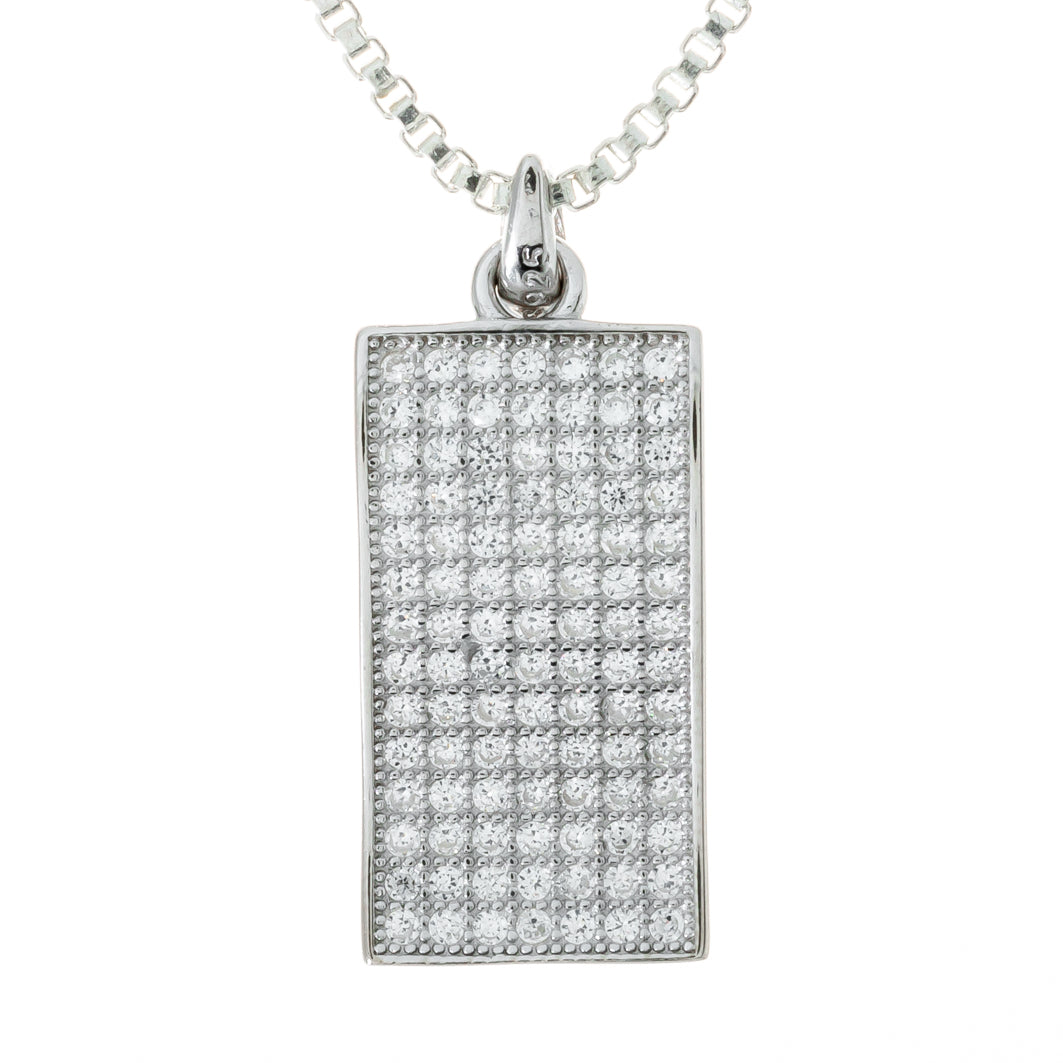 Pendant - 925 Sterling Silver Wavy Rectangle Paved Rhodium Coated