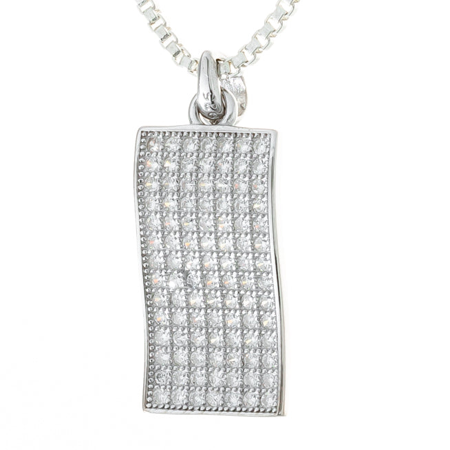 Pendant - 925 Sterling Silver Wavy Rectangle Paved Rhodium Coated