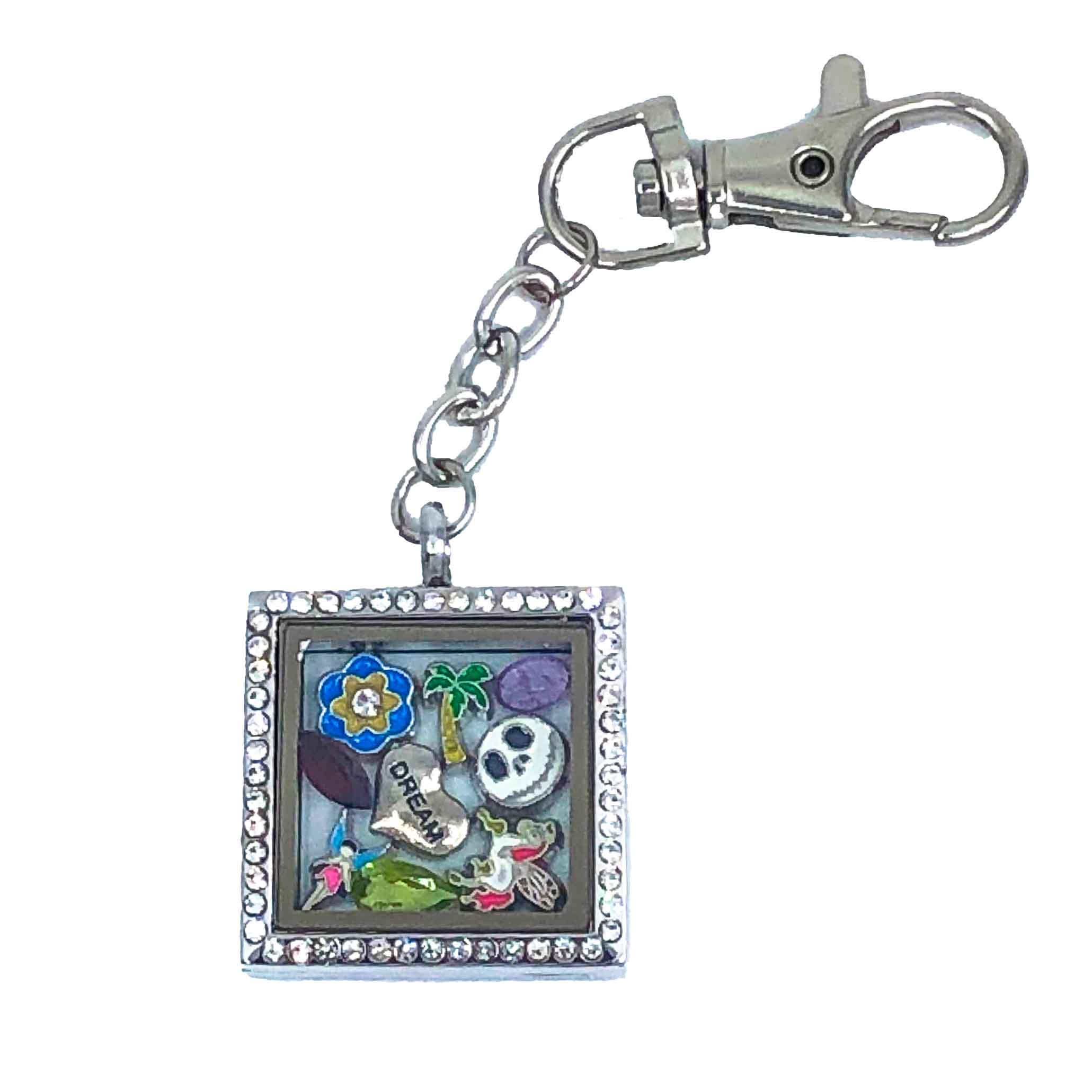 Glass Locket Keychain Magnetic - 30mm Square Rhinestone