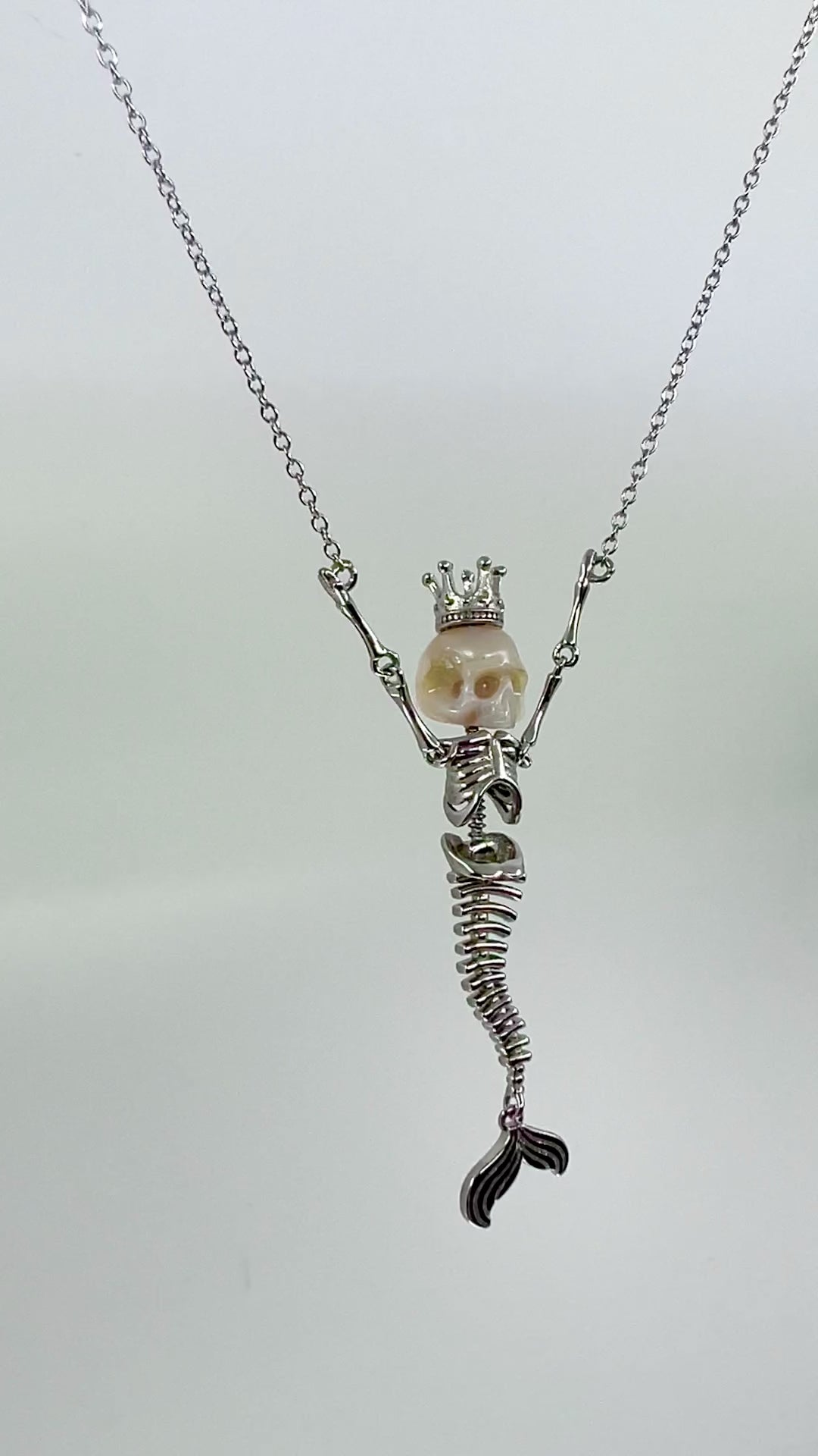 Pendant - 925 Sterling Silver Hand Carved Skull Pearl Mermaid Skeleton Face