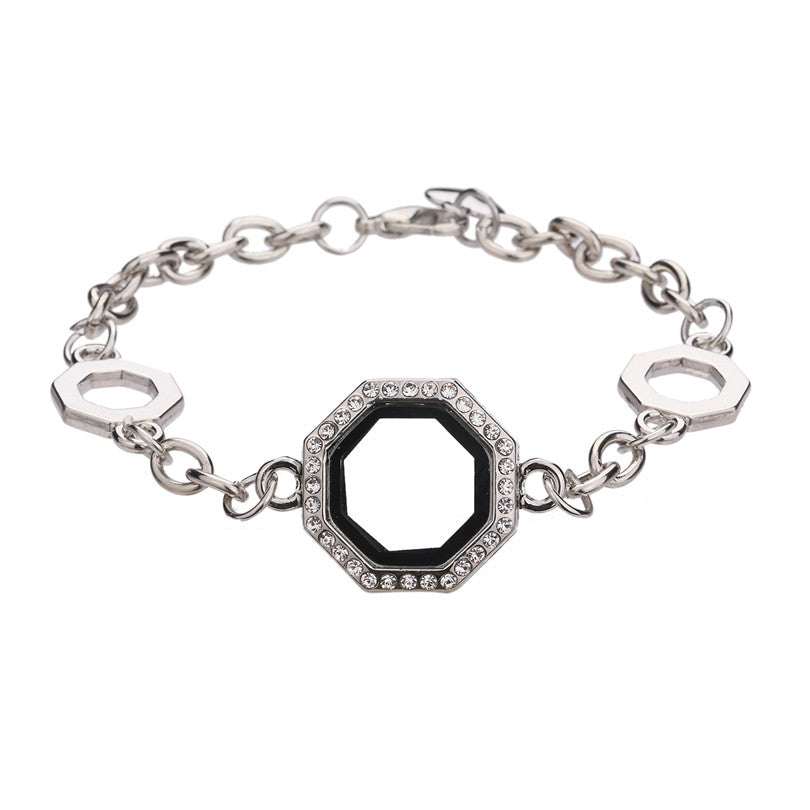 Octagon Silver Cream Chain Bracelet Rhinestone Magnetic Glass Locket
