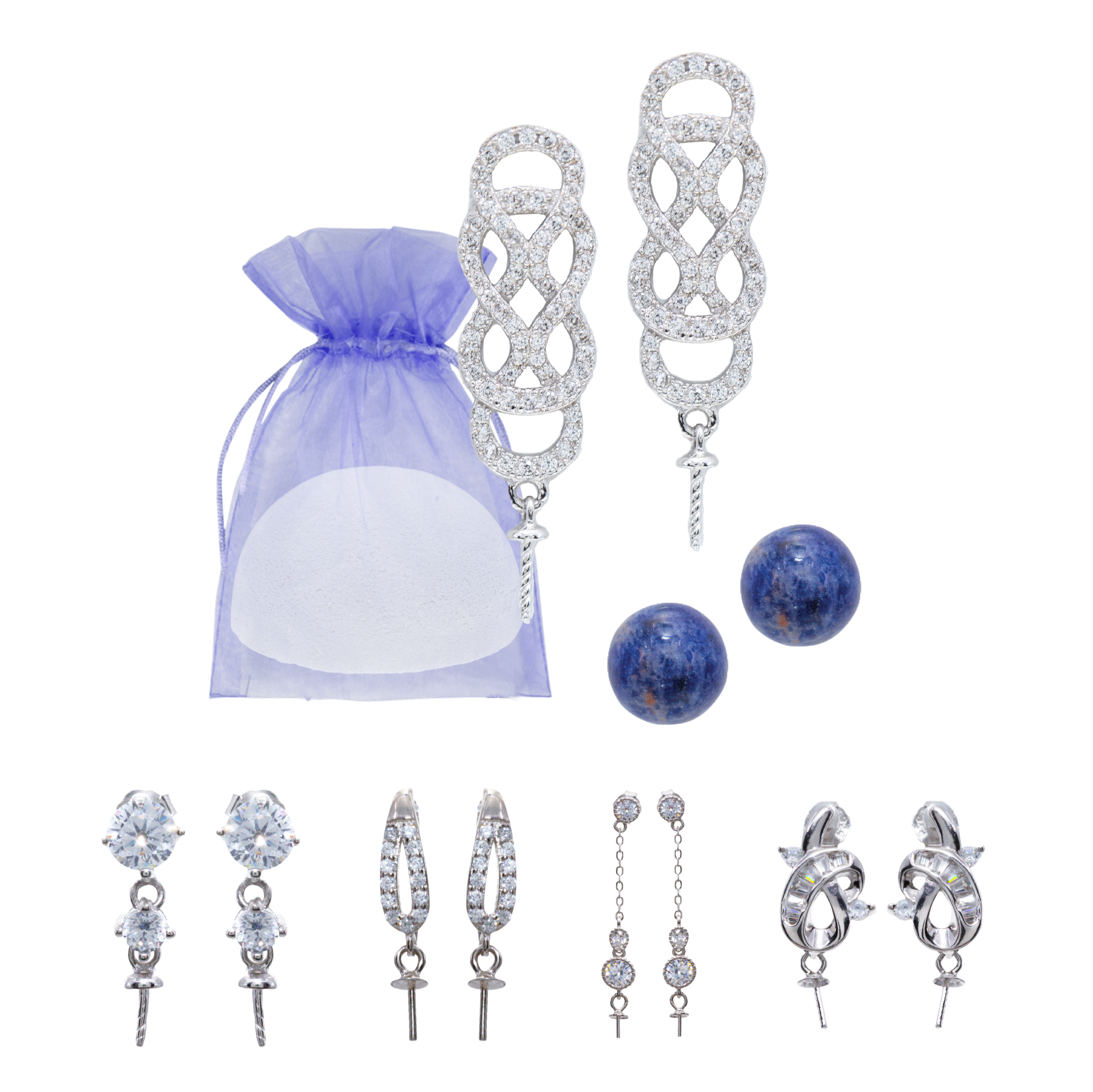 Gemball Bomb Earring Mount Sterling Silver with Rhodium Coating