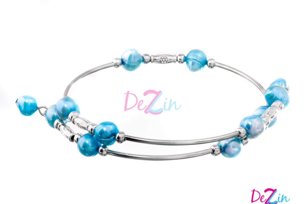 Teal Double Wire Wrap Stainless Steel Bracelets With Freshwater Pearls