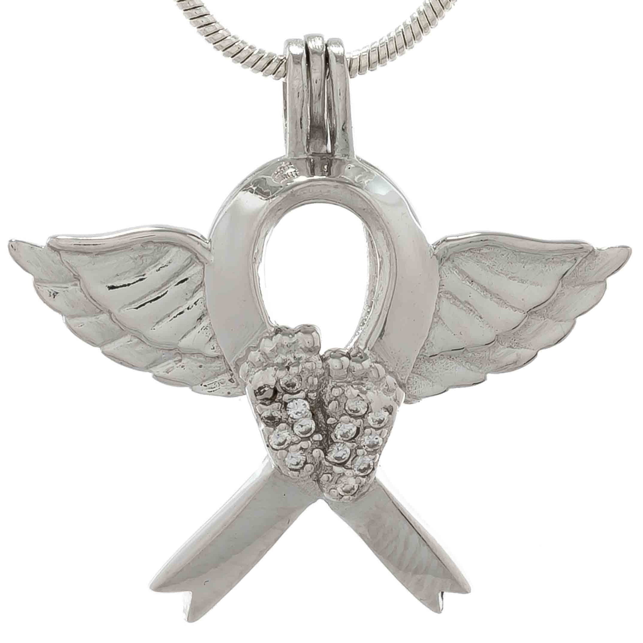 Cage Pendant 925 Sterling Silver - Baby Feet Angel Wing Ribbon