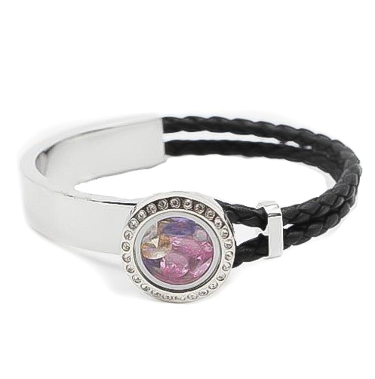 Glass Locket Bracelet Twist Off - Black and White Leather Stainless Steel