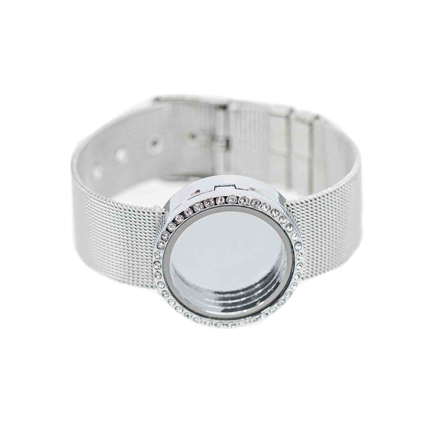 Glass Locket Bracelet Magnetic - Stainless Steel Mesh Round Rhinestone
