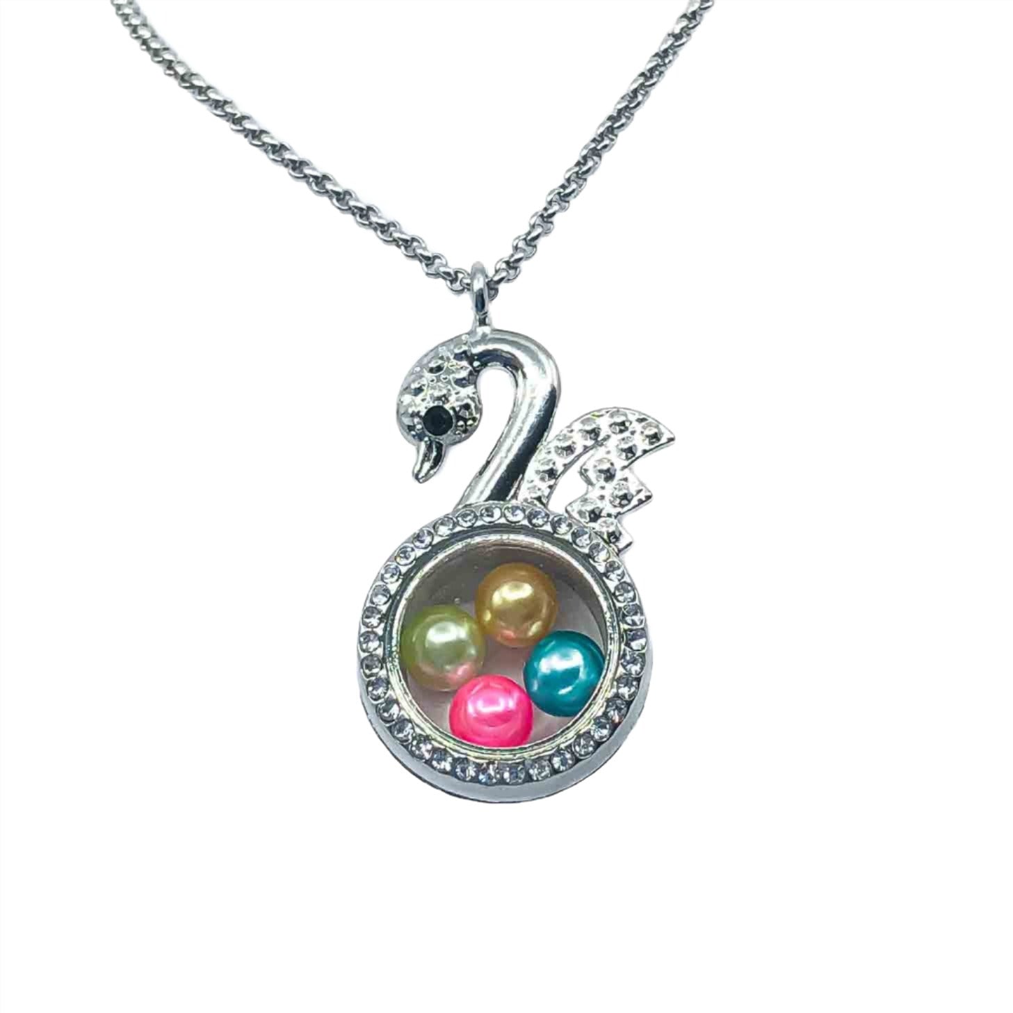 Swan Bird Rhinestone Glass Locket (Holds Large Pearls Gemstones) Default Title