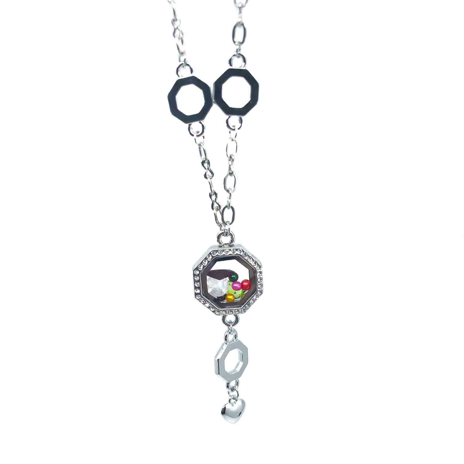 Rhinestone Octagon Glass Locket Silver Plated Necklace Chain Default Title