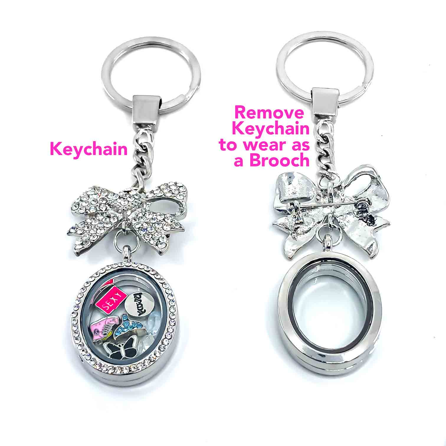 Glass Locket Keychain Brooch Magnetic - Convertible Oval and Ribbon Rhinestone