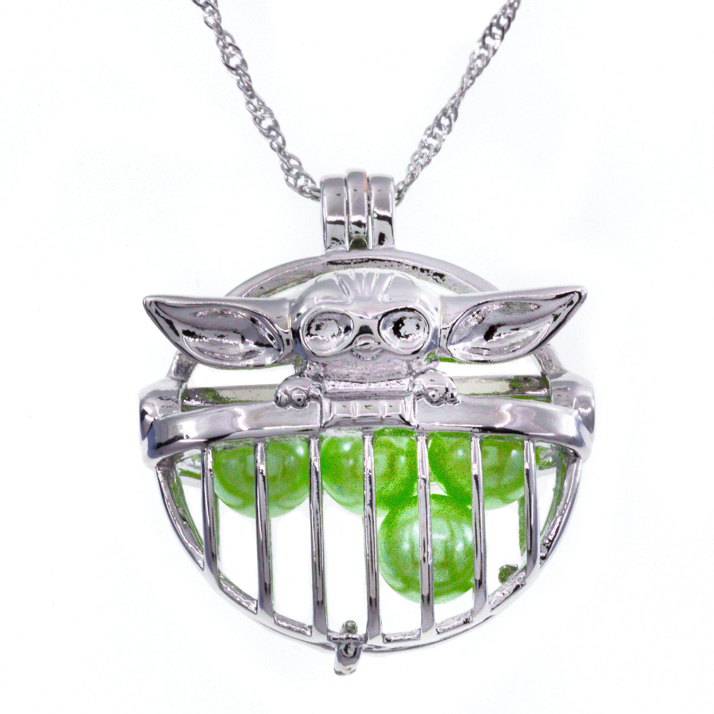 Cage Pendant Silver Plated - Baby Yoda with Beads and 16-18" Chain