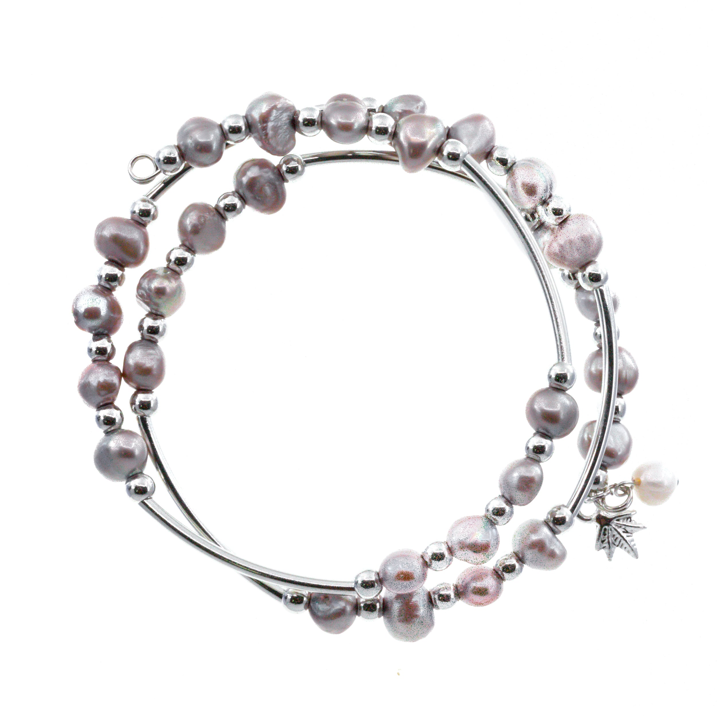 Pulseras plateadas de acero inoxidable con doble envoltura de alambre y perlas de agua dulce