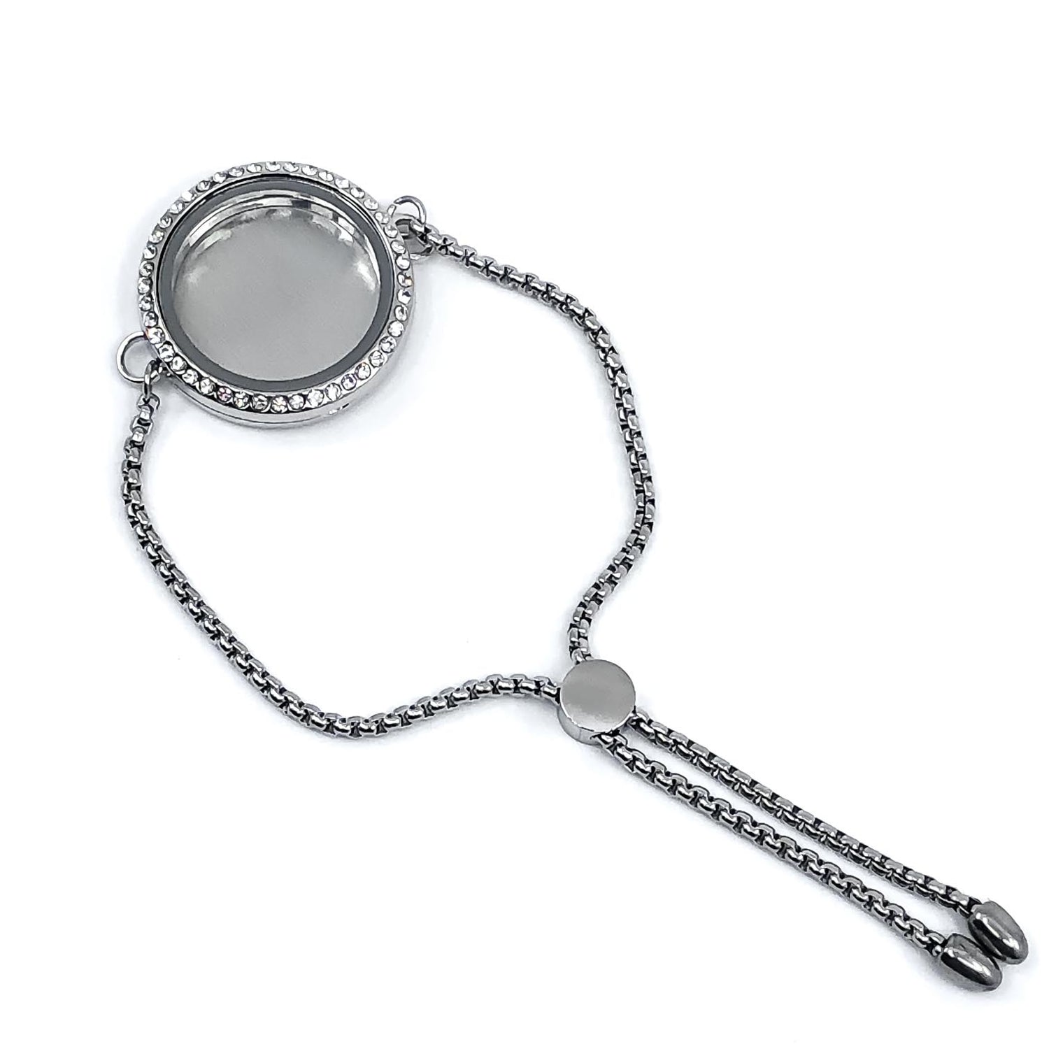 Clear Slider Bracelet 30mm Round Rhinestone Silver Plated 9" Alloy w/stainless steel band Default Title