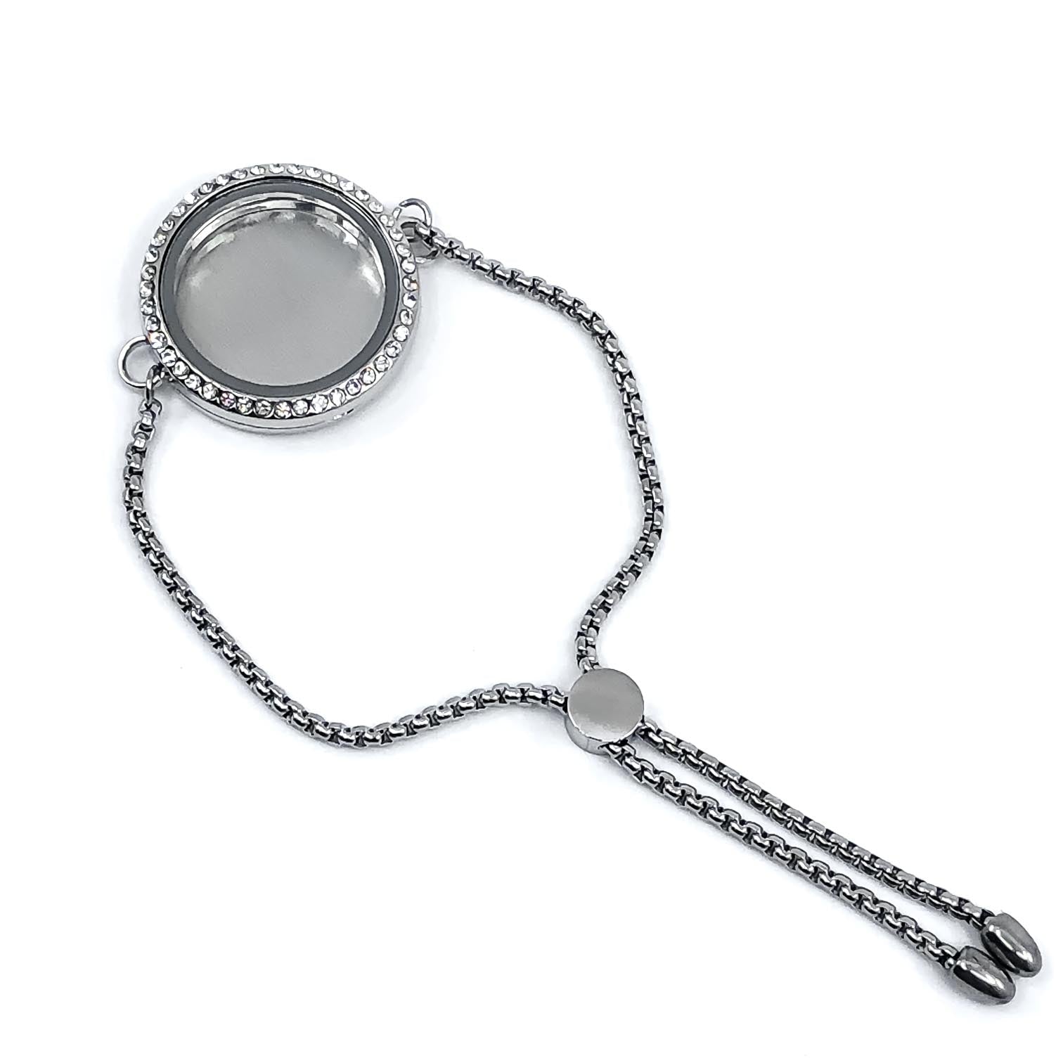 Clear Slider Bracelet 30mm Round Rhinestone Silver Plated 9" Alloy w/stainless steel band Default Title