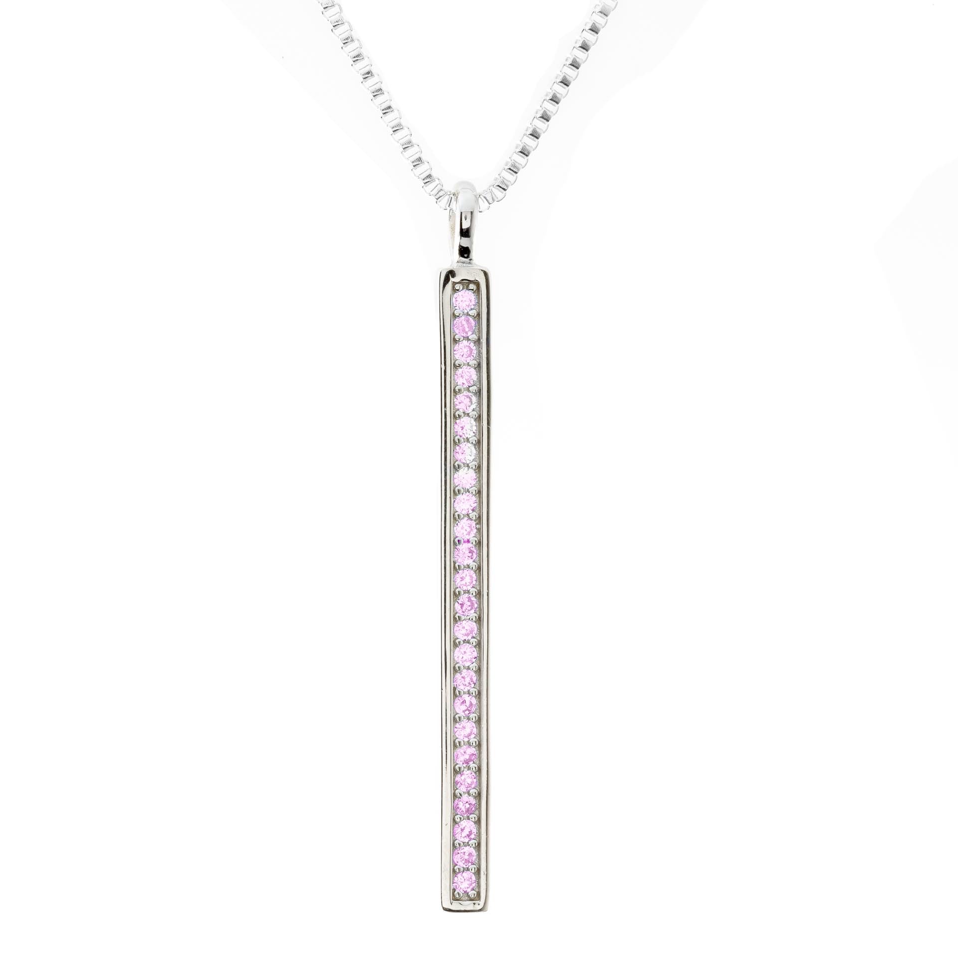 Solid Bar Pink Rhinestone Sterling Silver Pendant With Triple Rhodium Coating (2 1/2 inch Long) Default Title