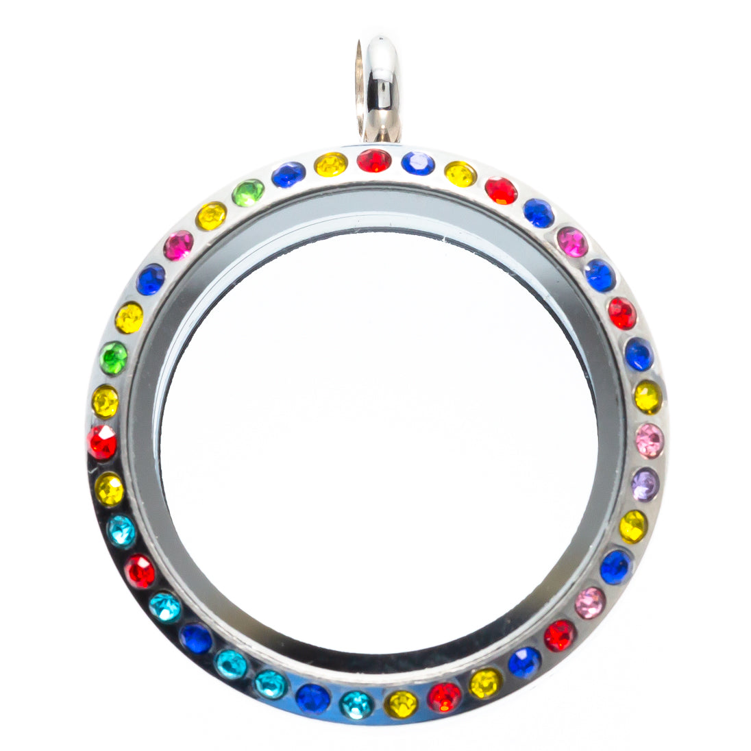 30mm Round Rainbow Rhinestone Pendant Stainless Steel Twist Screw Locket Default Title