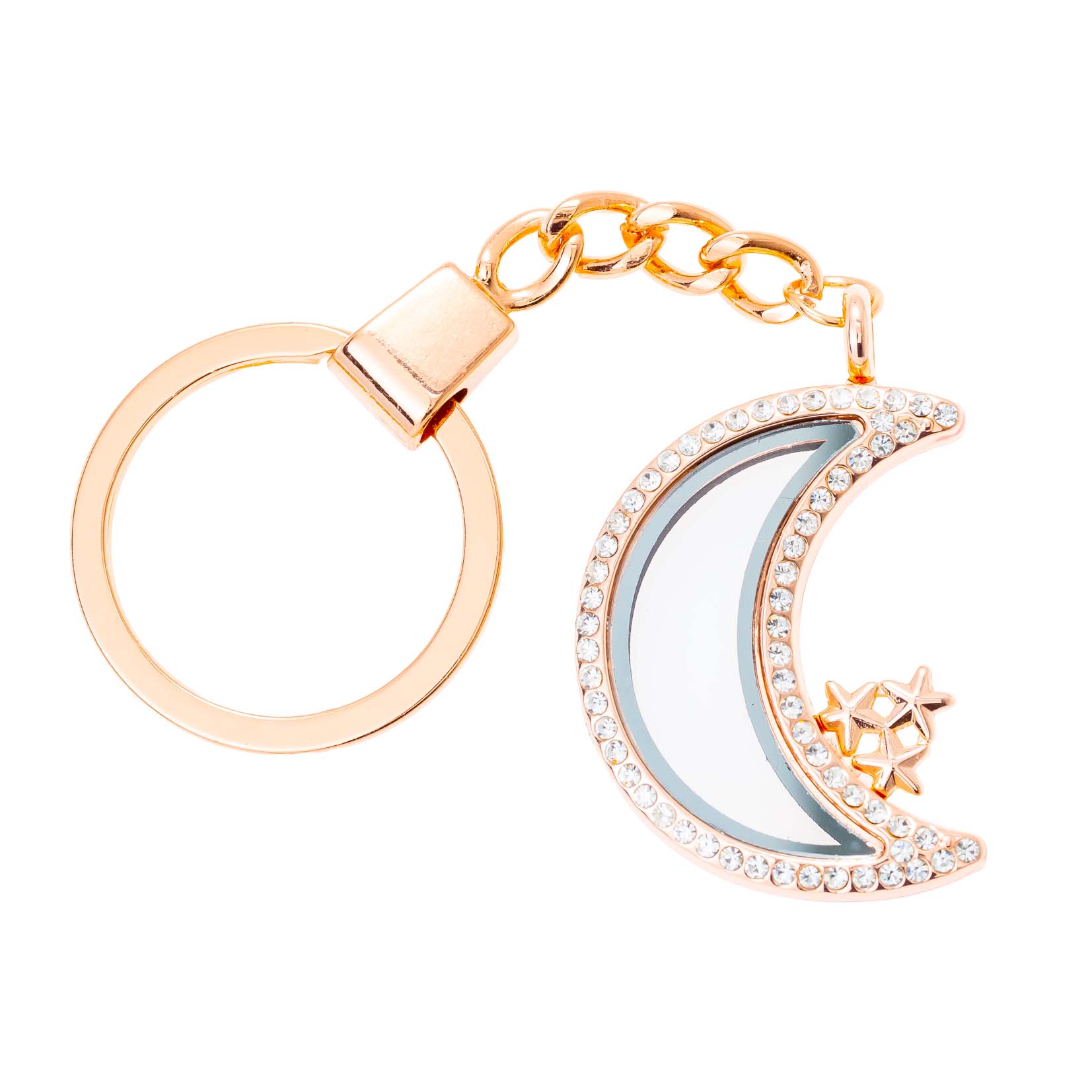 Glass Locket Keychain Magnetic - Rose Gold Sparkling Moon Star
