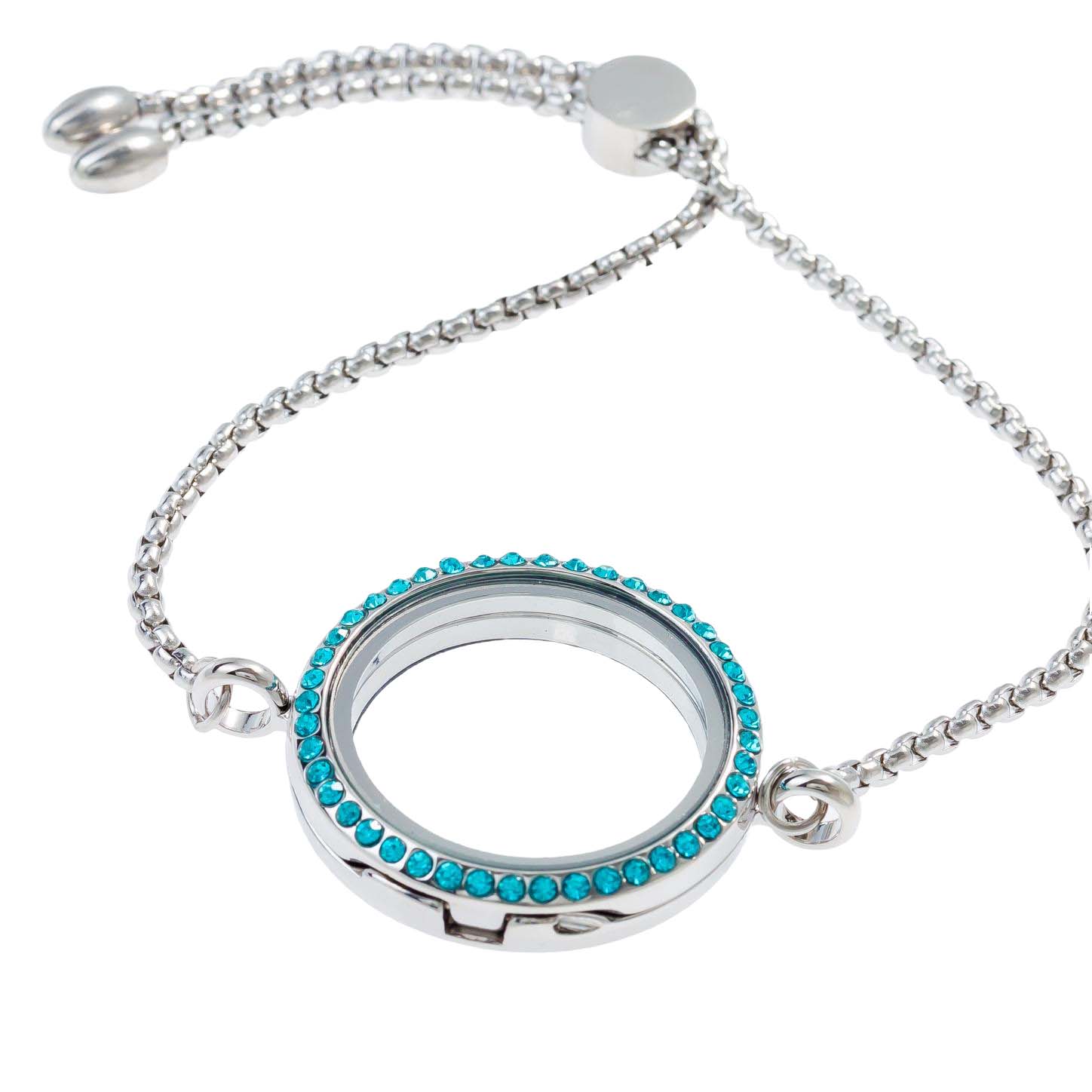Blue Slider Bracelet 30mm Round Rhinestone Silver Plated 9" Alloy w/stainless steel band