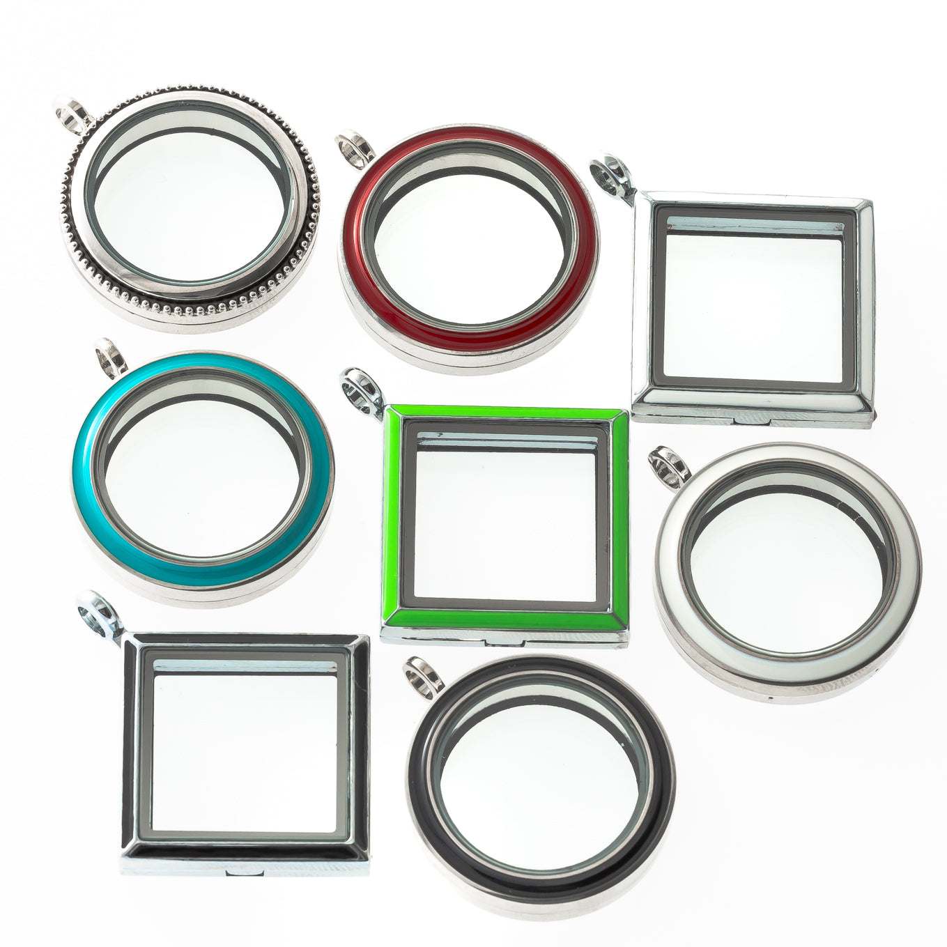 8 Pack Variety Shape and Colors Flip Up and Twist Off Magnetic Glass Lockets