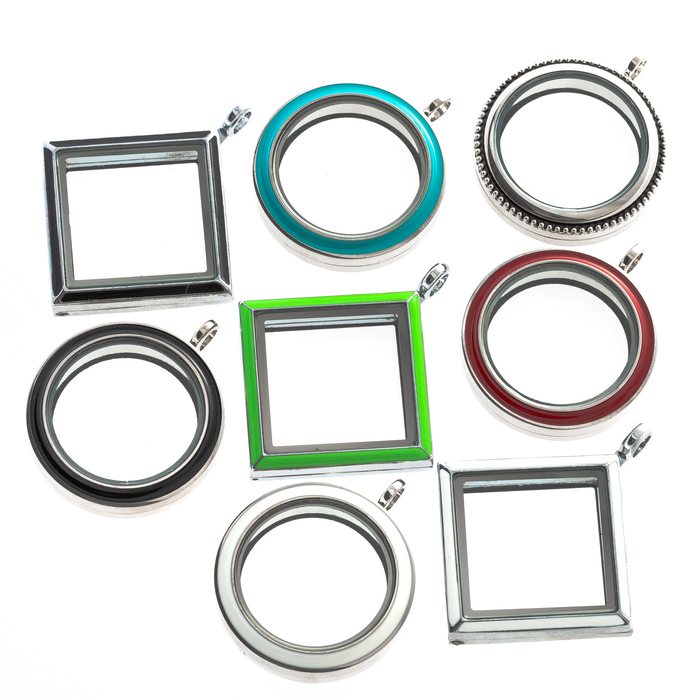 8 Pack Variety Shape and Colors Flip Up and Twist Off Magnetic Glass Lockets