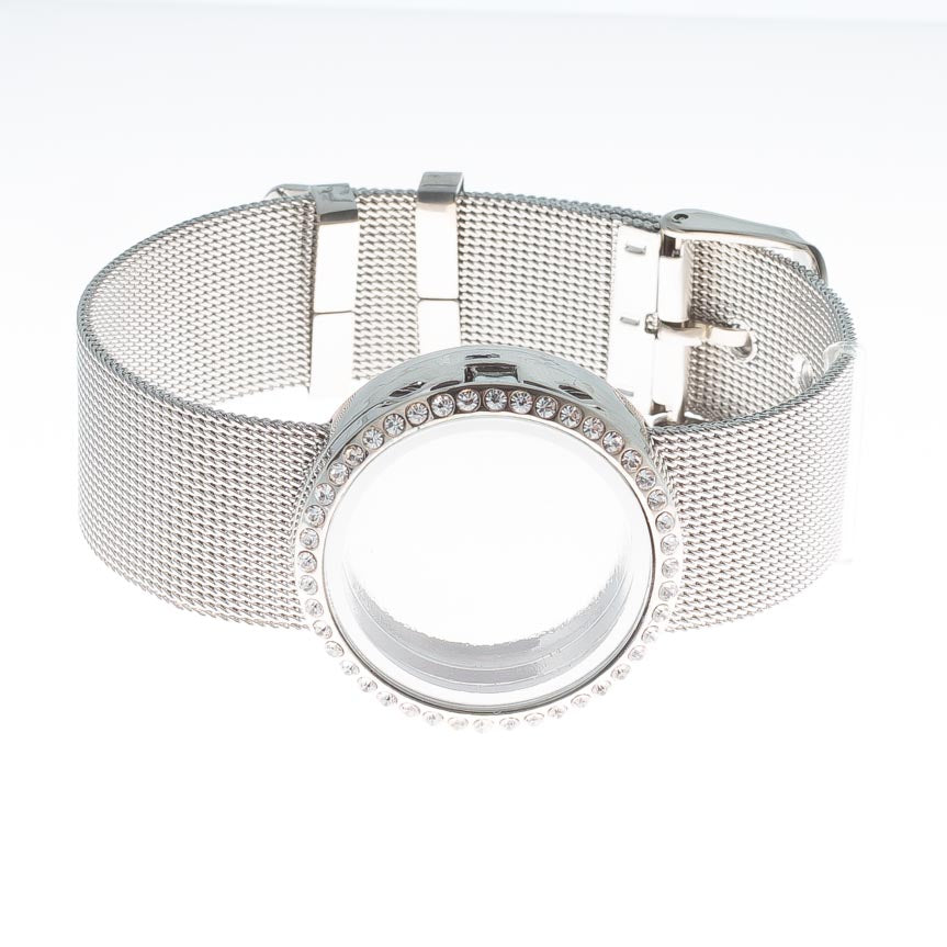 Round 30mm Rhinestone Living Locket with Stainless Steel Mesh Band 9&