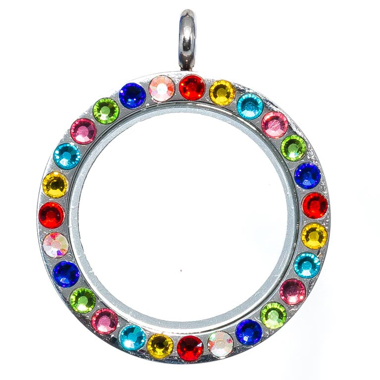 Glass Locket Pendant Twist Off - Round Big Circle Rainbow Rhinestone