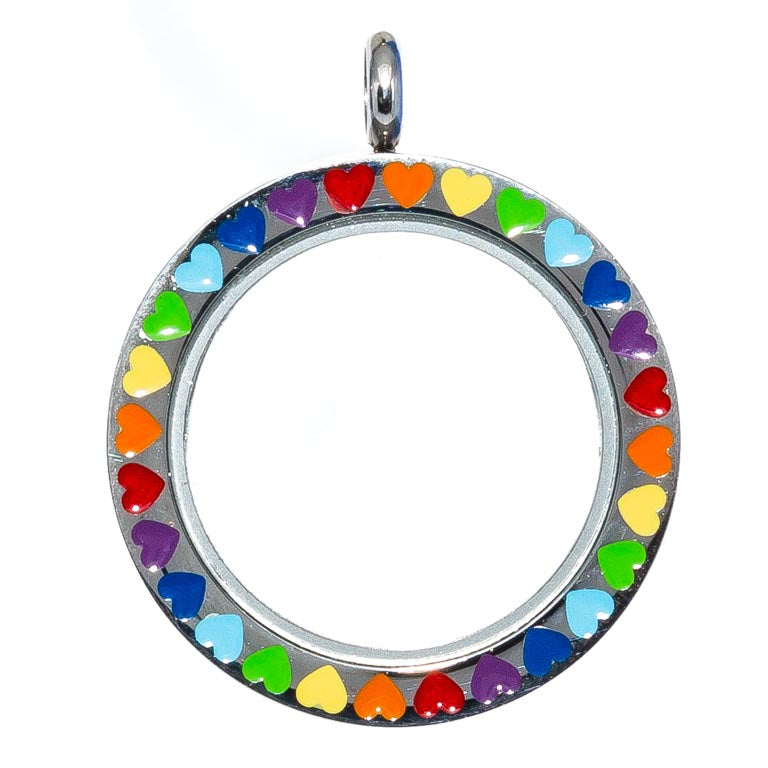 Glass Locket Pendant Twist Off - Round Heart Rainbow Enamel