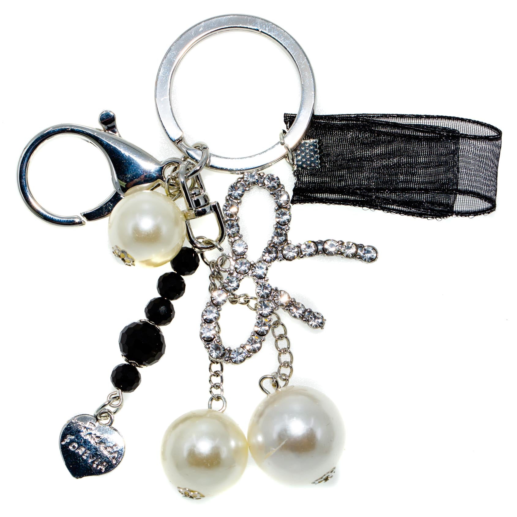 Keychain - Rhinestone Black Ribbon Bead Dangle