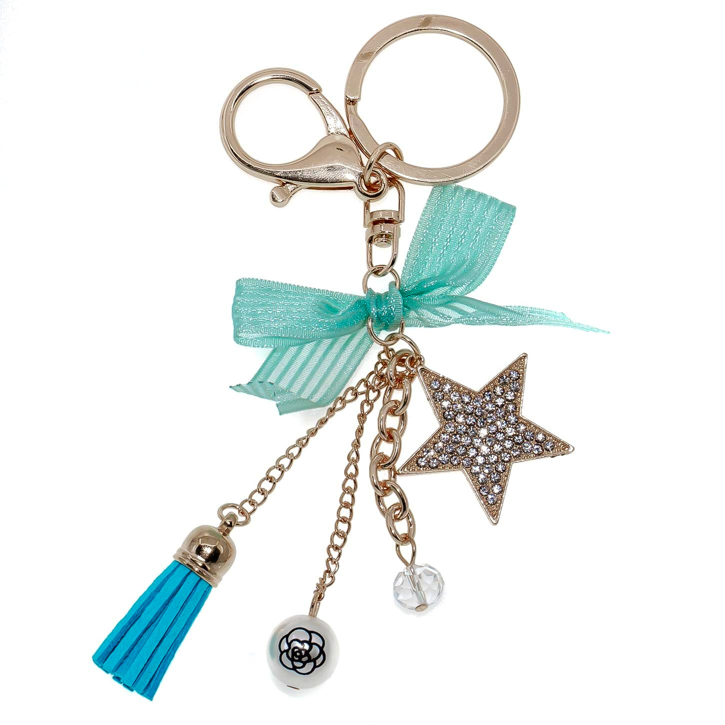 Keychain - Rhinestone Blue Ribbon Star Dangle