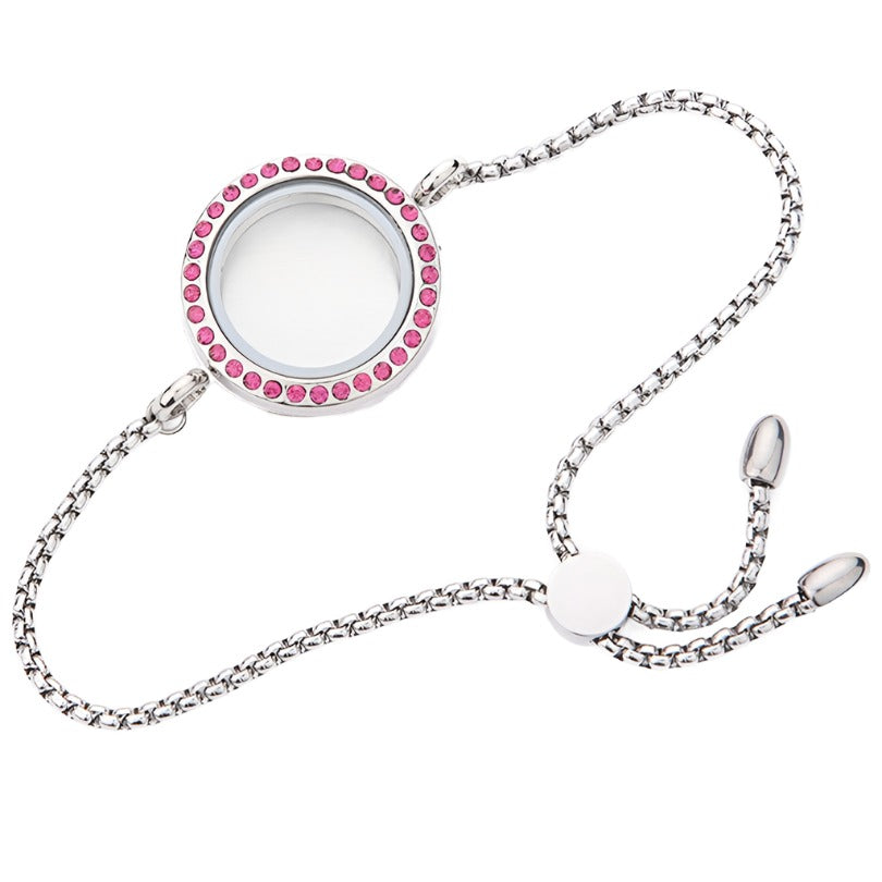Glass Locket Bracelet Magnetic - 30mm Round Pink Rhinestone 9" Stainless Steel