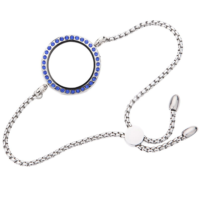 Glass Locket Bracelet Magnetic - 30mm Round Navy Rhinestone 9" Stainless Steel