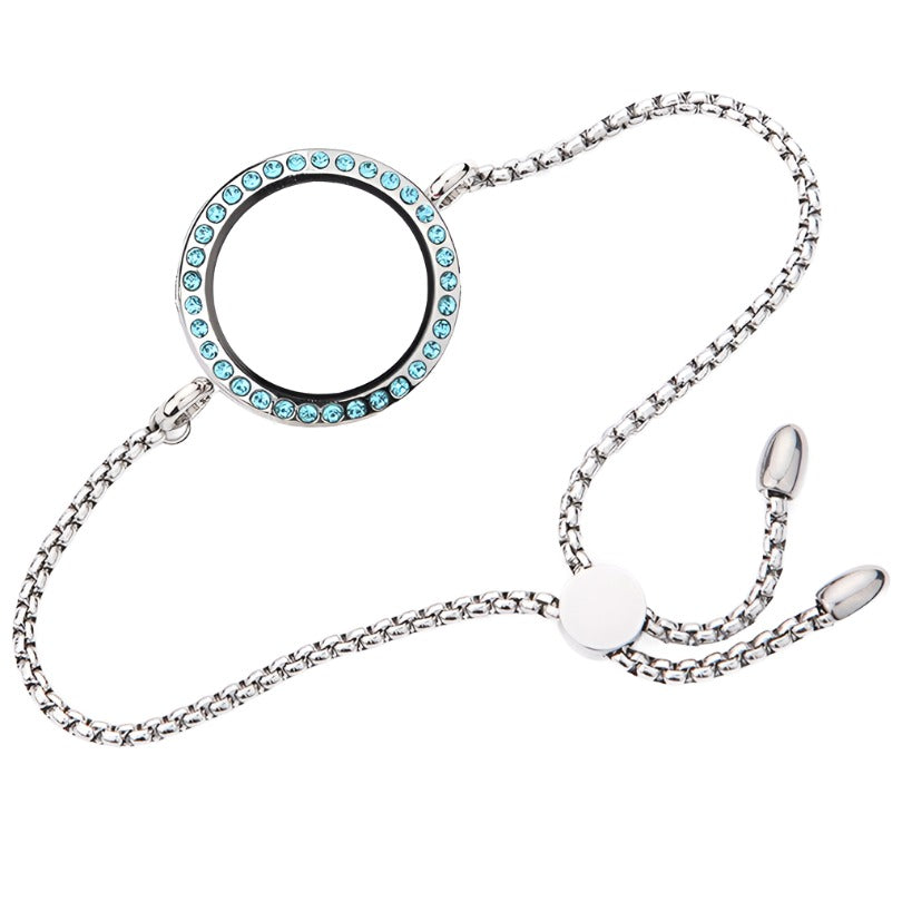 Glass Locket Bracelet Magnetic - 30mm Round Sky Blue Rhinestone 9" Stainless Steel