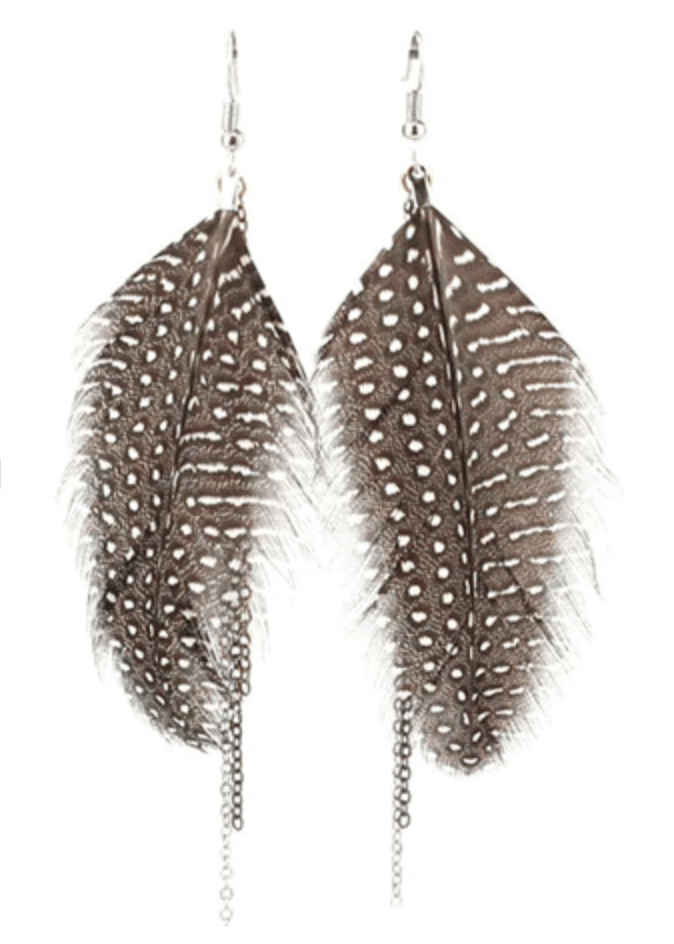 Pendientes bohemios de plumas de avestruz genuinas con borla larga y lunares blancos y marrones