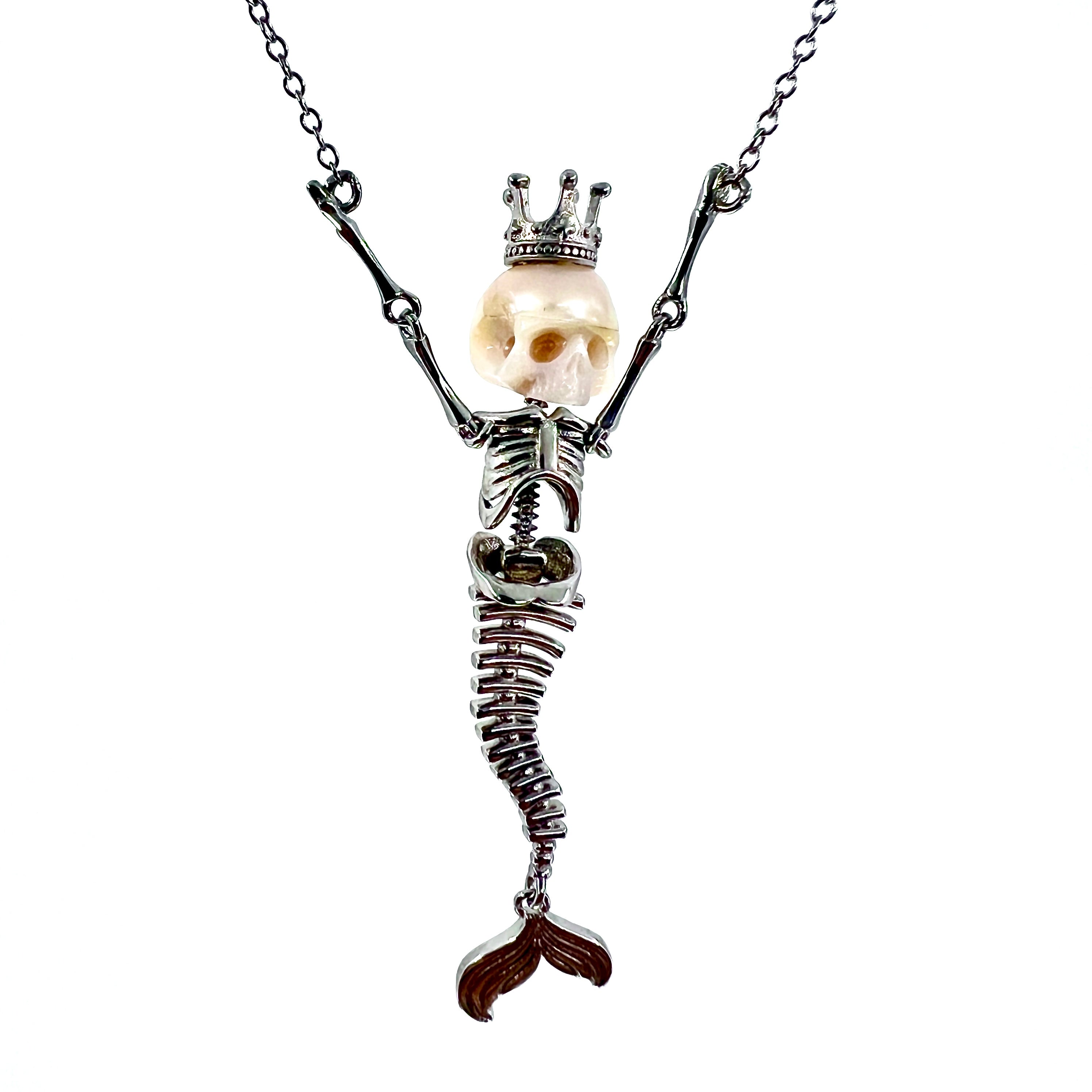 Pendant - 925 Sterling Silver Hand Carved Skull Pearl Mermaid Skeleton Face
