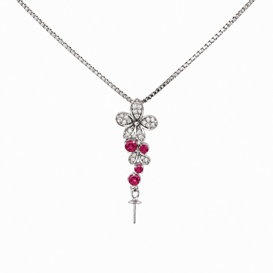 DIY Mount Pendant - 925 Sterling Silver  Pink Flower Cascading Dangle Mount