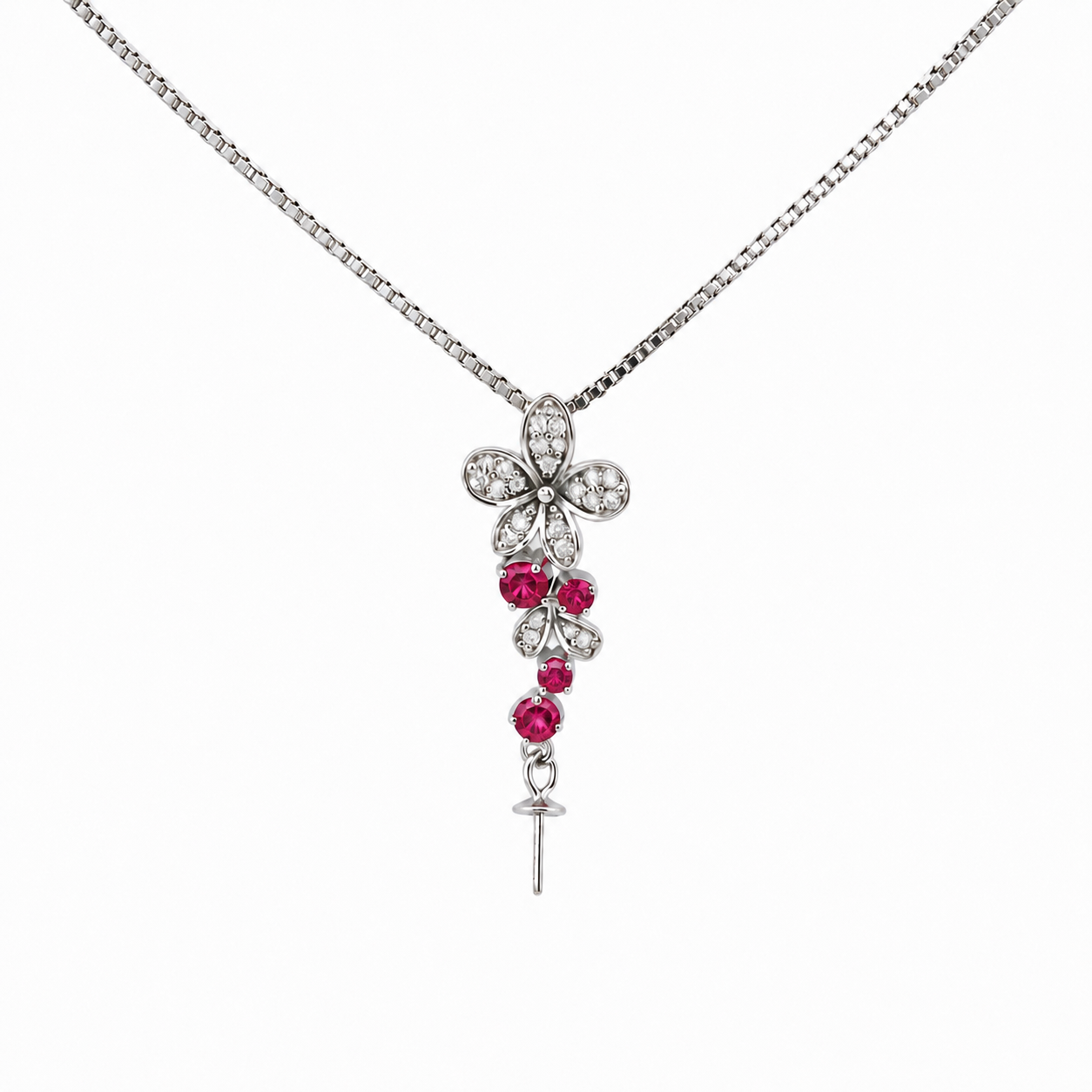 DIY Mount Pendant - 925 Sterling Silver  Pink Flower Cascading Dangle Mount