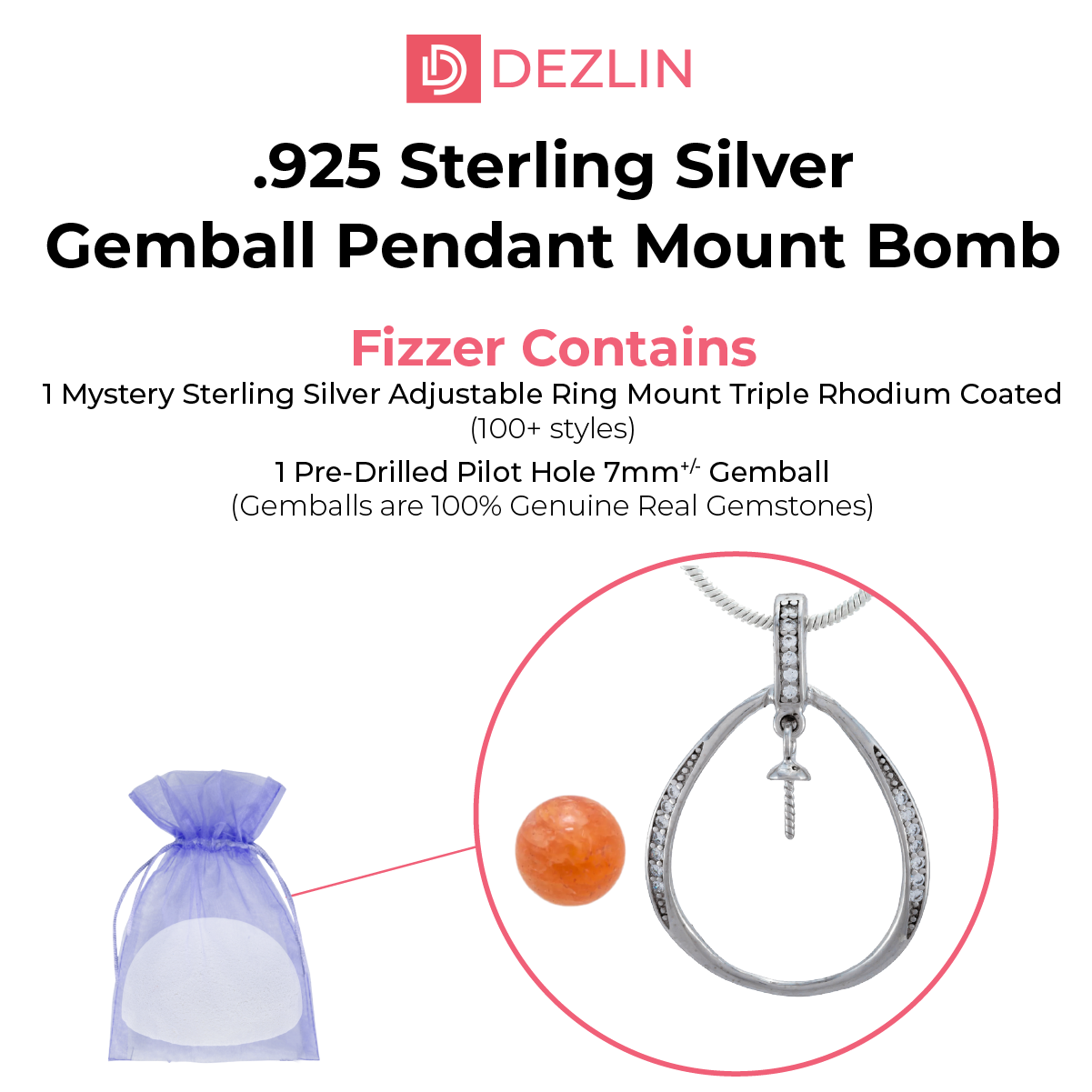Gemball Bomb - DIY Mount Pendant 925 Sterling Silver Rhodium Coated (100+ Styles)