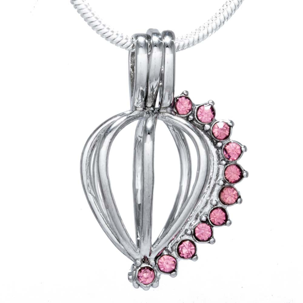 Cage Pendant Silver Plated - Pink Rhinestone Teardrop